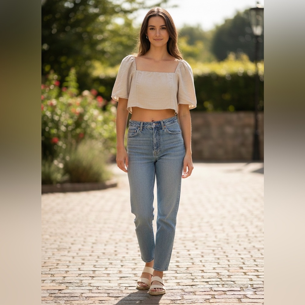 Abercrombie & Fitch Linen-Blend Puff Sleeve Smocked Crop Top XS